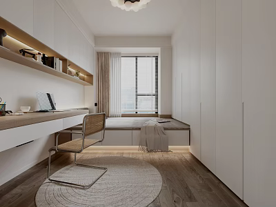 Minimalist Tatami Bedroom With White Wall Cabinets Desk Round Rug And Window 3d model