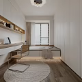 Minimalist Tatami Bedroom With White Wall Cabinets Desk Round Rug And Window