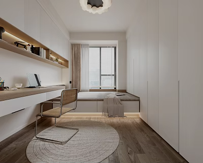 Minimalist Tatami Bedroom With White Wall Cabinets Desk Round Rug And Window 3d model
