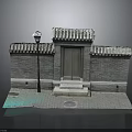 Traditional Chinese Architecture Model Featuring Gray Brick Walls Tile Roof Wooden Door And Street Lamp