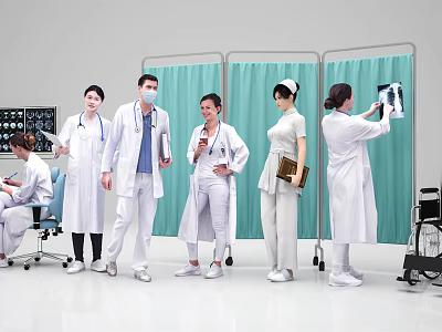 Medical Team of Doctors and Nurses in Clinic with Partition Screens X-ray and Wheelchair 3d model