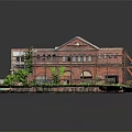 Industrial Building Model With Rusted Metal Frames Damaged Roof And Green Plants