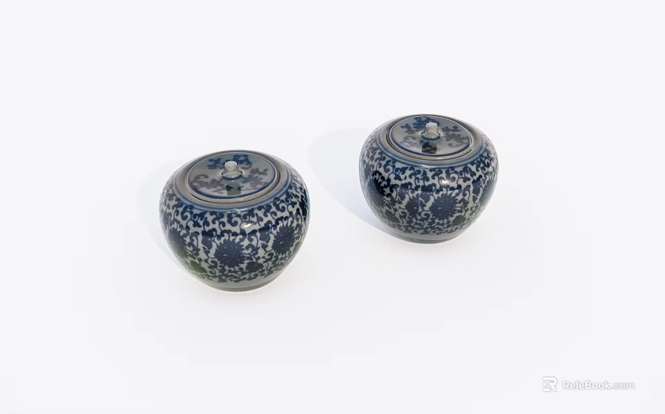 Two Decorative Ceramic Jars With Lids And Blue White Floral Patterns On White Background 3d model 