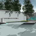 Modern Garden Landscape With Gray Walls Paved Ground Green Lawn Trees And Blue Art Installations
