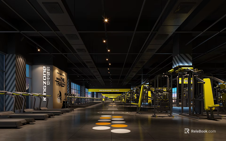 Spacious Modern Gym Interior With Bright Lighting Treadmills Fitness Equipment And Floor Markers 3d model 