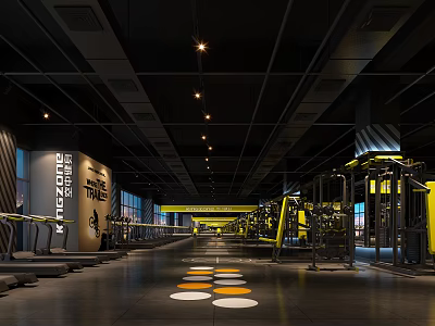 Spacious Modern Gym Interior With Bright Lighting Treadmills Fitness Equipment And Floor Markers 3d model