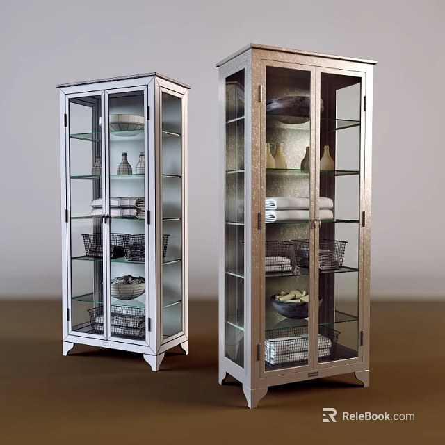 Modern Tall Glass Door Buffet Cabinet With Shelves Bowls And Baskets 3d model 