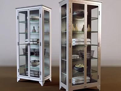 Modern Tall Glass Door Buffet Cabinet With Shelves Bowls And Baskets 3d model