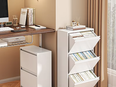 Modern White Multilayer Bookshelf With Tilted Compartments Storing Books In Study Room 3d model