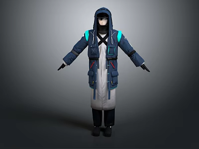 Game Movie Character In Long Hooded Coat With Blue Accents Multiple Pockets And White Lining 3d model