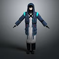 Game Movie Character In Long Hooded Coat With Blue Accents Multiple Pockets And White Lining