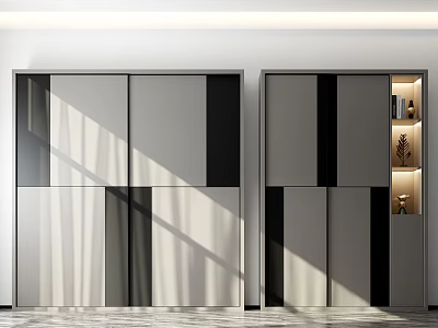 Modern Geometric Color Block Wardrobe With Sliding Doors And Open Shelf Lighting 3d model