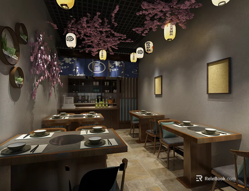 Japanese Restaurant Interior With Cherry Blossom Decor Hanging Lanterns Dining Tables Chairs And Wall Art 3d model 