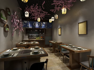 Japanese Restaurant Interior With Cherry Blossom Decor Hanging Lanterns Dining Tables Chairs And Wall Art 3d model