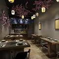 Japanese Restaurant Interior With Cherry Blossom Decor Hanging Lanterns Dining Tables Chairs And Wall Art