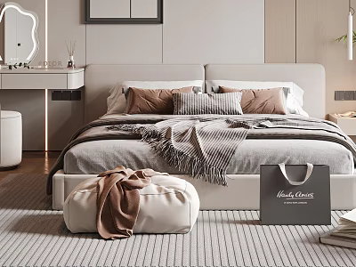 Elegant Modern Double Bed Interior with Pillows Throw Blanket Ottoman and Dresser Mirror 3d model