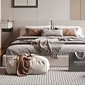 Elegant Modern Double Bed Interior with Pillows Throw Blanket Ottoman and Dresser Mirror