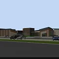 Aerial View Planning Modern Building Complex With Blue Roofs Central Green Space And Parking Lots