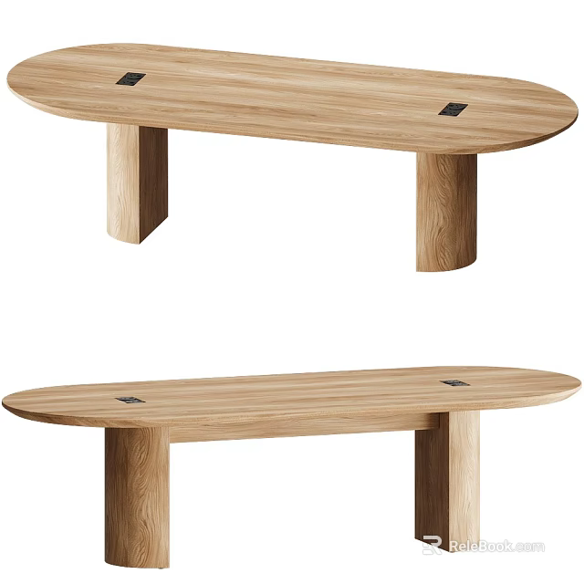 Oval Oak Dining Table With Cylindrical Wooden Legs And Black Accents 3d model 