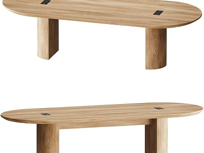 Oval Oak Dining Table With Cylindrical Wooden Legs And Black Accents 3d model