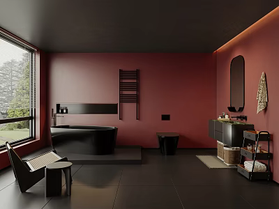 Modern Bathroom With Red Walls Black Bathtub Black Floor Tiles Window Mirror Vanity And Chair 3d model