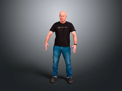 Bald Man In Black T-shirt And Blue Jeans Standing Against Gray Background 3d model