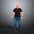 Bald Man In Black T-shirt And Blue Jeans Standing Against Gray Background