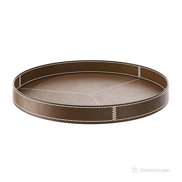 Modern Round Brown Leather Tray With Stitched Details For Home Decor 3d model 