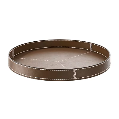 Modern Round Brown Leather Tray With Stitched Details For Home Decor 3d model