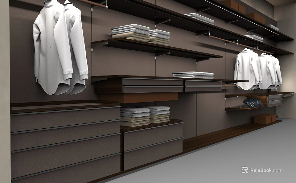 Modern Wardrobe Storage System With Hung Clothes Folded Garments Drawers And Shelves 3d model 