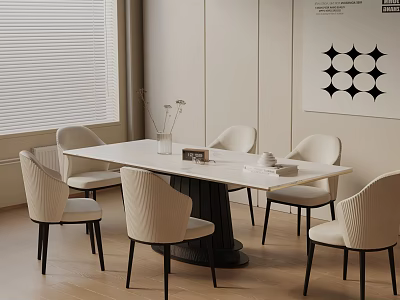 Modern Minimalist Dining Table Set With White Tabletop Black Legs And Beige Woven Back Chairs 3d model