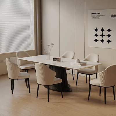 Modern Minimalist Dining Table Set With White Tabletop Black Legs And Beige Woven Back Chairs 3d model
