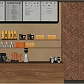Warm Coffee Shop Interior With Menu Boards Wooden Counter Coffee Equipment And Herringbone Wood Wall