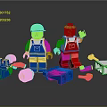 Lego Figures In Blue Red Overalls With Scattered Building Blocks And Parts