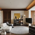 Modern Living Room With White Sofa Black Armchair Round Rug Wooden Bookshelf And Decorative Painting