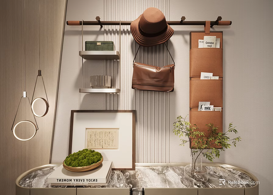 Stylish Modern Entryway Wall Storage Shelf With Hanging Rod Hat Handbag And Decorative Plant 3d model 