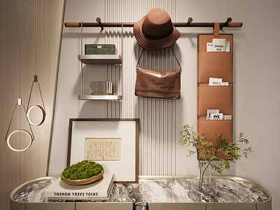 Stylish Modern Entryway Wall Storage Shelf With Hanging Rod Hat Handbag And Decorative Plant 3d model