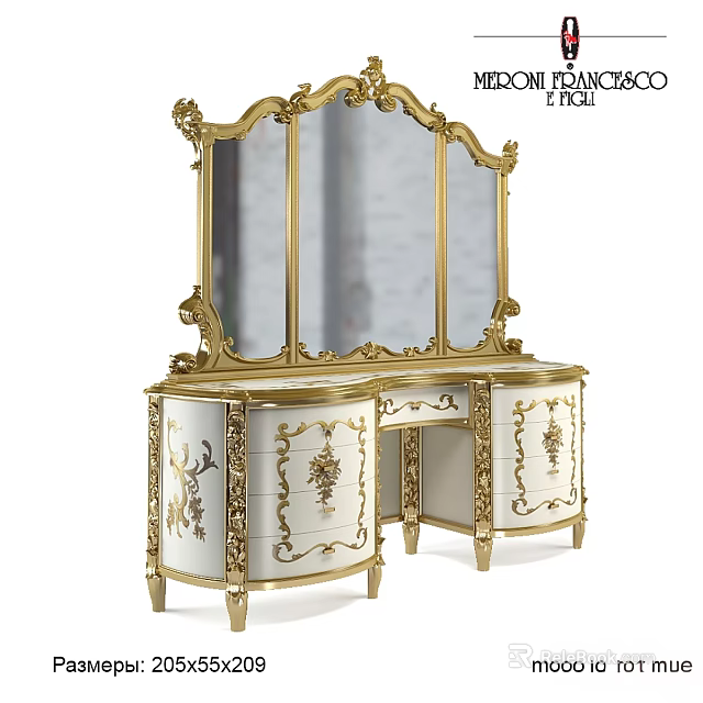 Elegant European Style Dressing Table With Gold Carvings Large Mirror And White Finish 3d model 