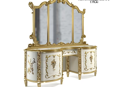 Elegant European Style Dressing Table With Gold Carvings Large Mirror And White Finish 3d model