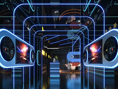 Modern KTV Interior With Neon Lights Large Screens And Sofa Seating 3d model