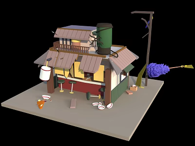 Cartoon Scene Of Cute Small Shop With Sloped Roof Green Chimney And Decorative Windows 3d model