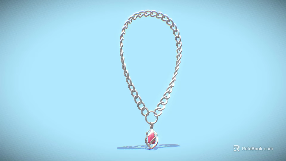Elegant Silver Chain Necklace With Oval Red Gemstone Pendant Classic Design 3d model