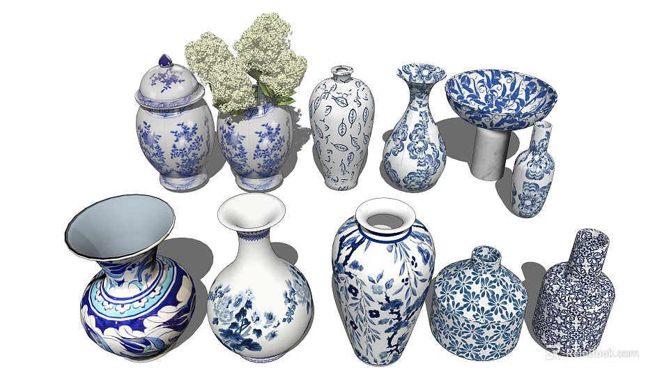 Blue and White Patterned Ceramic Vessels Collection With Vases Jars and Bowls 3d model 