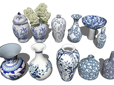Blue and White Patterned Ceramic Vessels Collection With Vases Jars and Bowls 3d model
