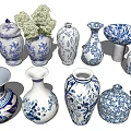 Blue and White Patterned Ceramic Vessels Collection With Vases Jars and Bowls