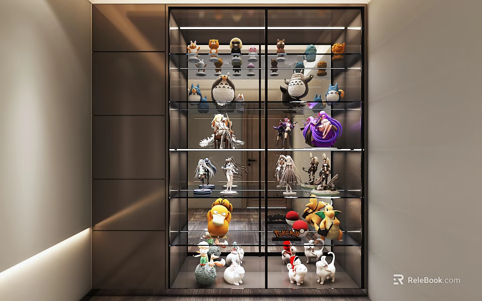 Various Dolls Displayed In Glass Display Cabinet 3d model 