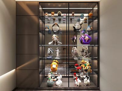 Various Dolls Displayed In Glass Display Cabinet 3d model