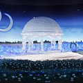 Magical Night Garden Pathway With White Domed Pavilion Full Moon Crescent And Blue White Flowers