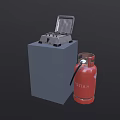 Stainless Steel Toaster With Open Lid And Red Gas Cylinder As Kitchen Appliances