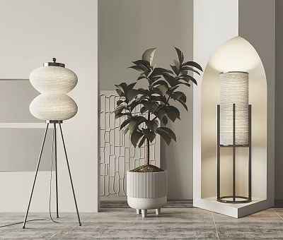 Stylish Floor Lamps In Modern Minimalist Interior With Plant 3d model Stylish Floor Lamps In Modern Minimalist Interior With Plant 3d model